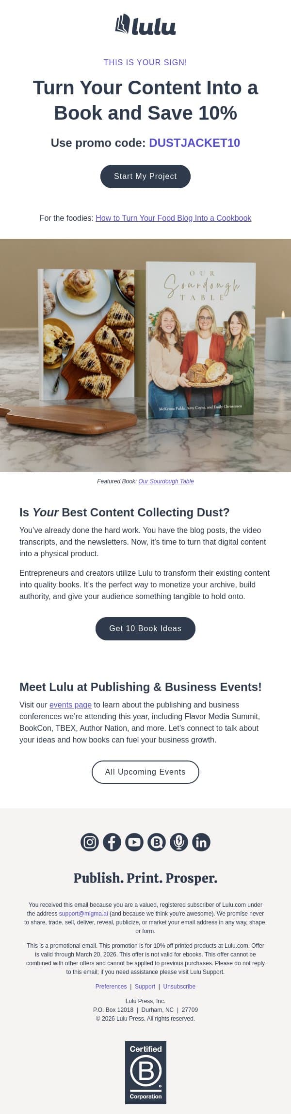 Here’s 10% Off to Turn Your Content into a Book email from Lulu screenshot