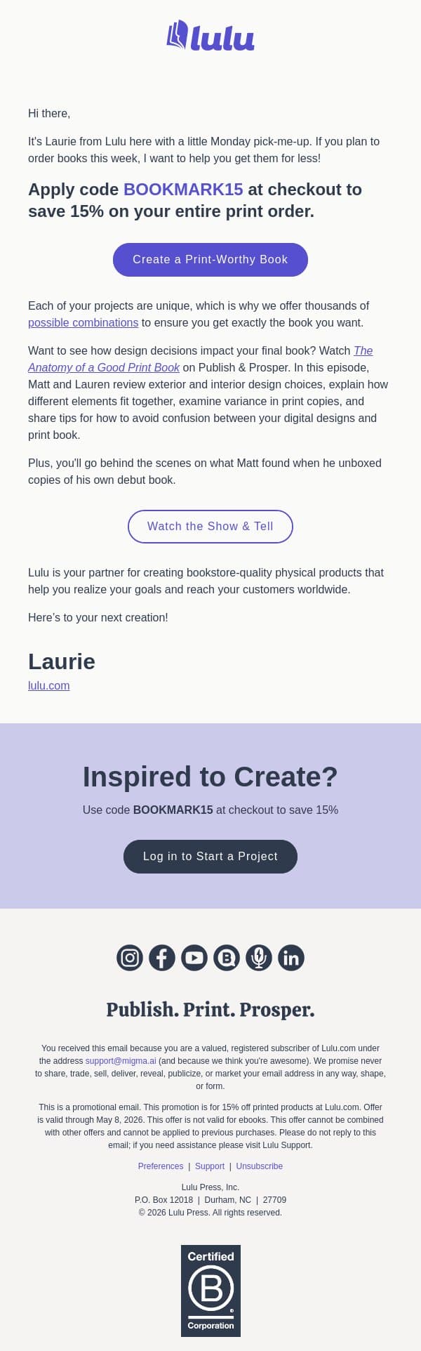 Want a boost? Get 15% off print products email from Lulu screenshot
