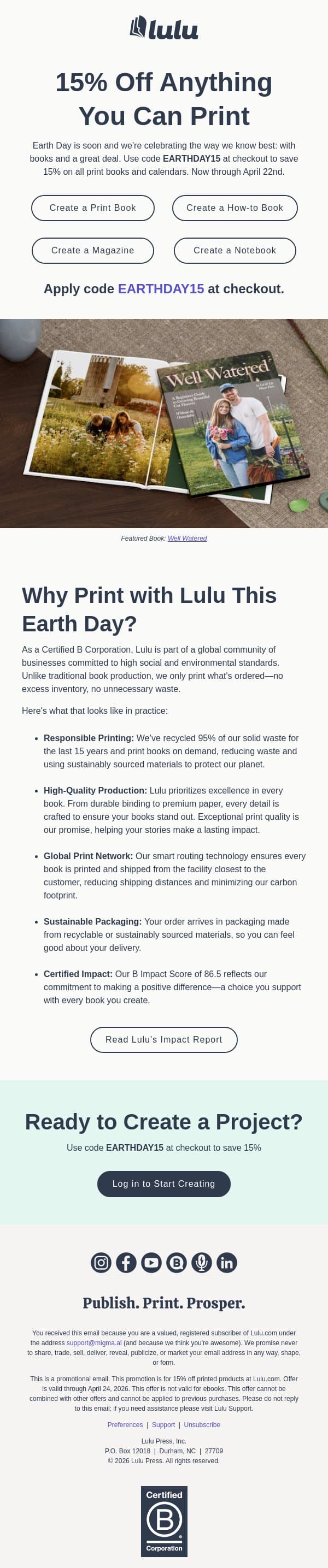 🌱 Save 15% on Print Books This Earth Day email from Lulu screenshot