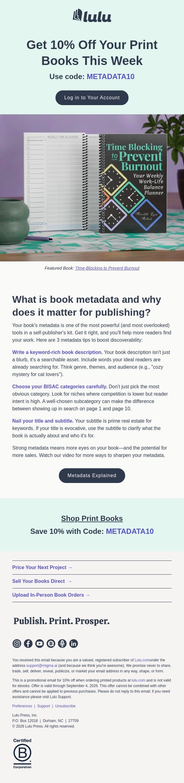 Your Books Just Got 10% More Affordable 🎉 email from Lulu screenshot