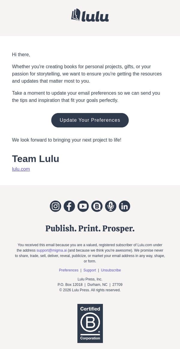 Personalize Your Lulu Inbox email from Lulu screenshot