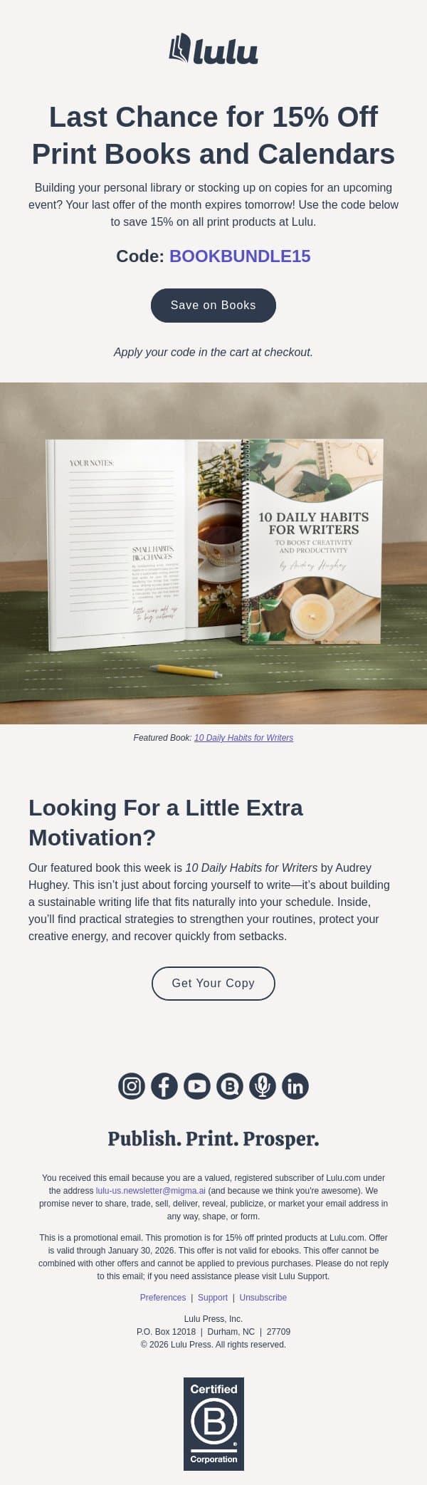 Last Chance for a January Discount! email from Lulu screenshot