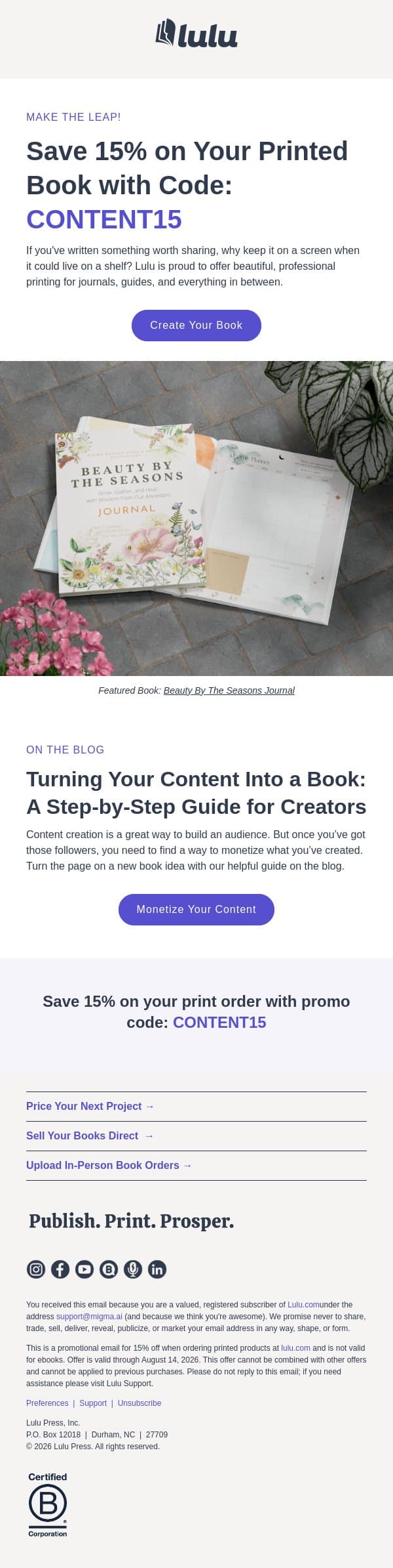 15% Off to Turn Your Content Into a Book email from Lulu screenshot