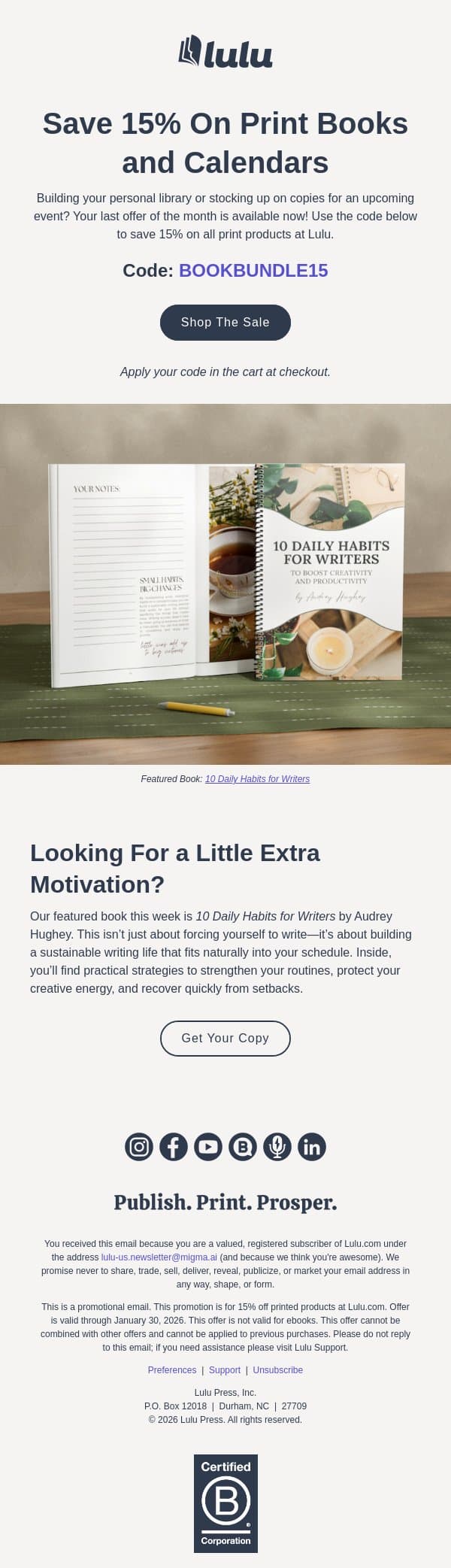 Save 15% & Boost Your 2026 Sales email from Lulu screenshot