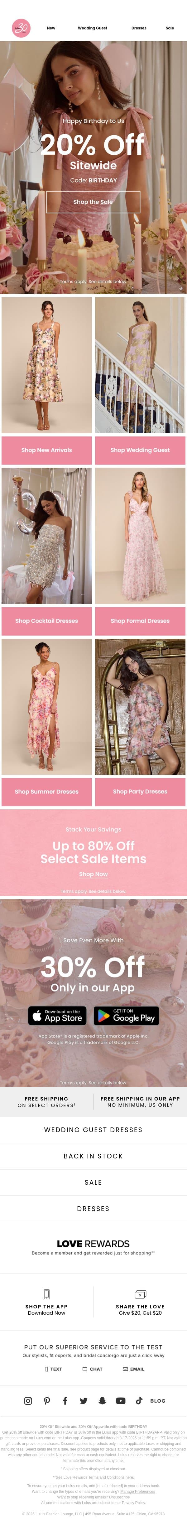 Our Birthday Sale Starts Now 🥳​ email from Lulus screenshot
