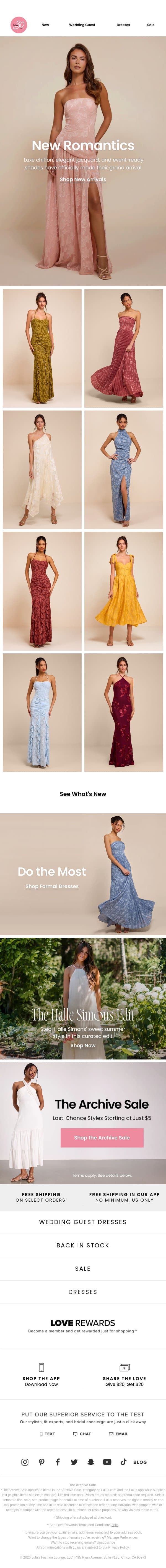 Now Arriving: Romantic Event Dresses email from Lulus screenshot