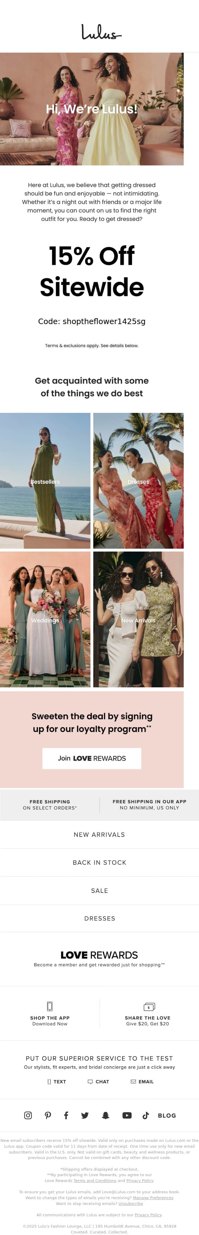 You're In! 15% Off Sitewide Inside! email from Lulus screenshot