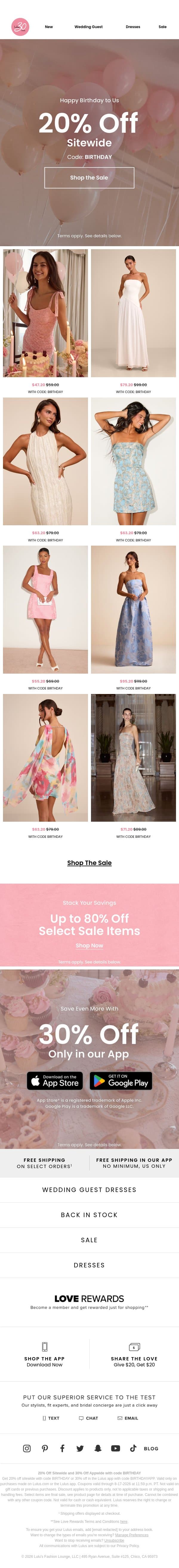 Our Birthday, Your Gift (20% Off)​ email from Lulus screenshot