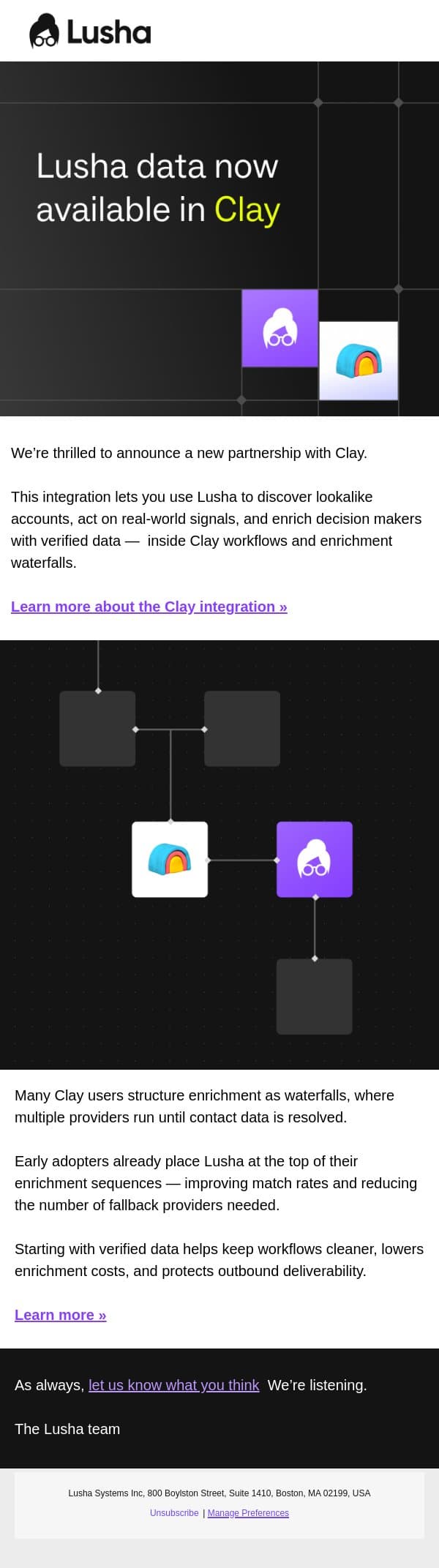 Introducing Lusha X Clay email from Lusha screenshot