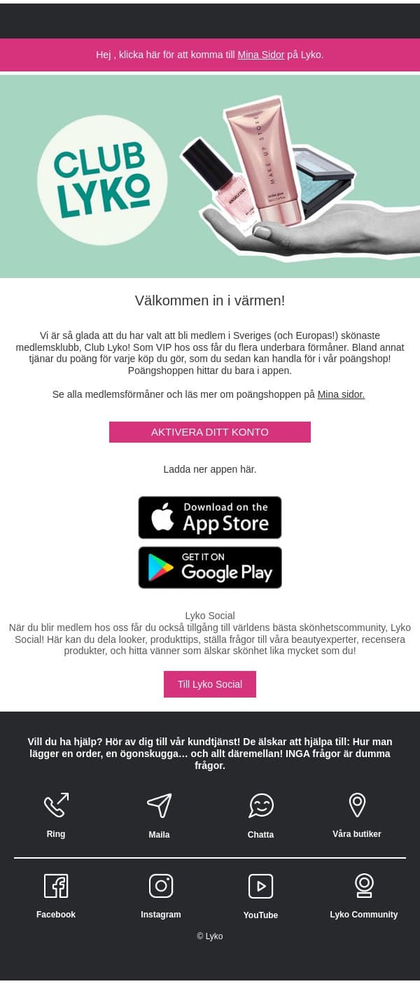 Välkommen till Club Lyko! email from Lyko screenshot