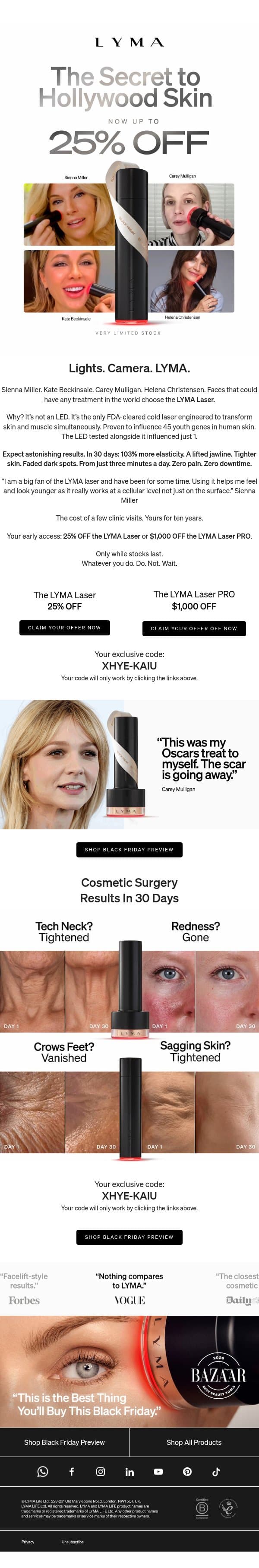 Selling Fast. 25% OFF the LYMA Laser email from LYMA screenshot