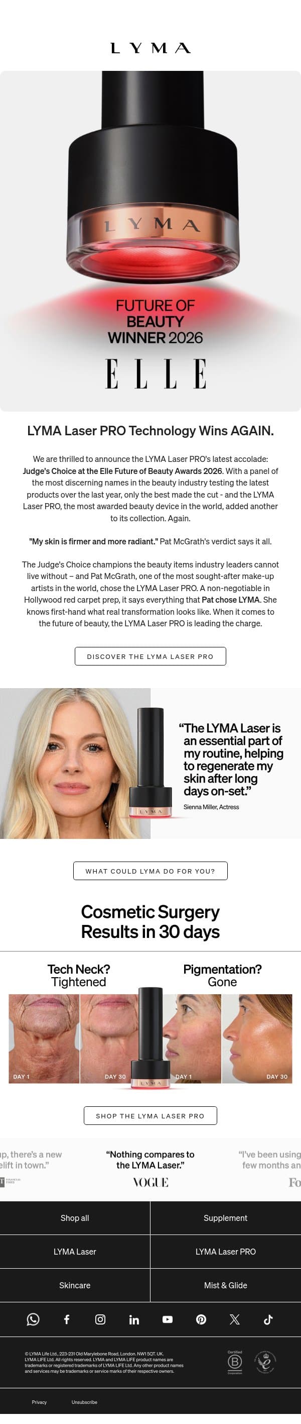 The LYMA Laser PRO Keeps Winning email from LYMA screenshot