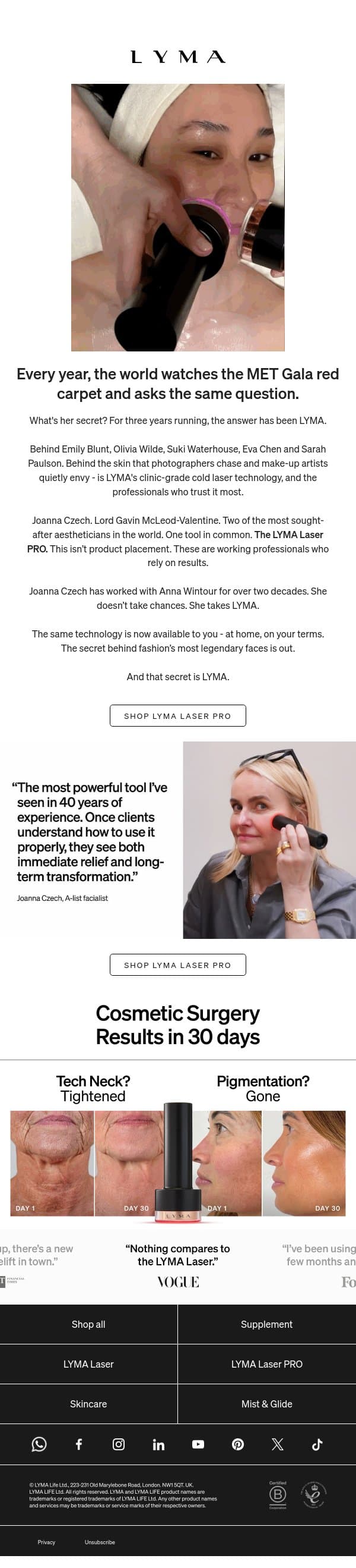 Joanna Czech's secret weapon at the MET Gala email from LYMA screenshot