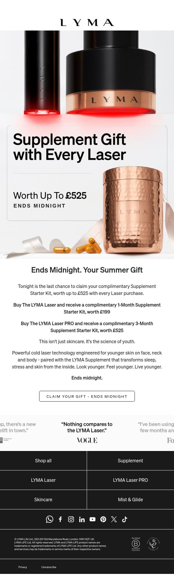 Ends Midnight. Your Summer Gift email from LYMA screenshot