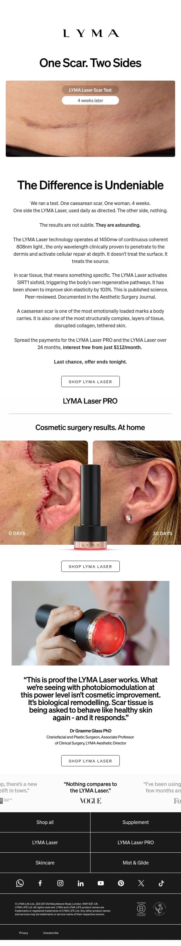 One scar. 4 weeks. Astounding results. email from LYMA screenshot