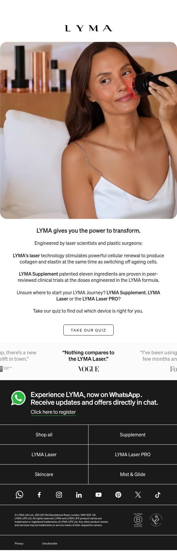 Your transformation begins now email from LYMA screenshot