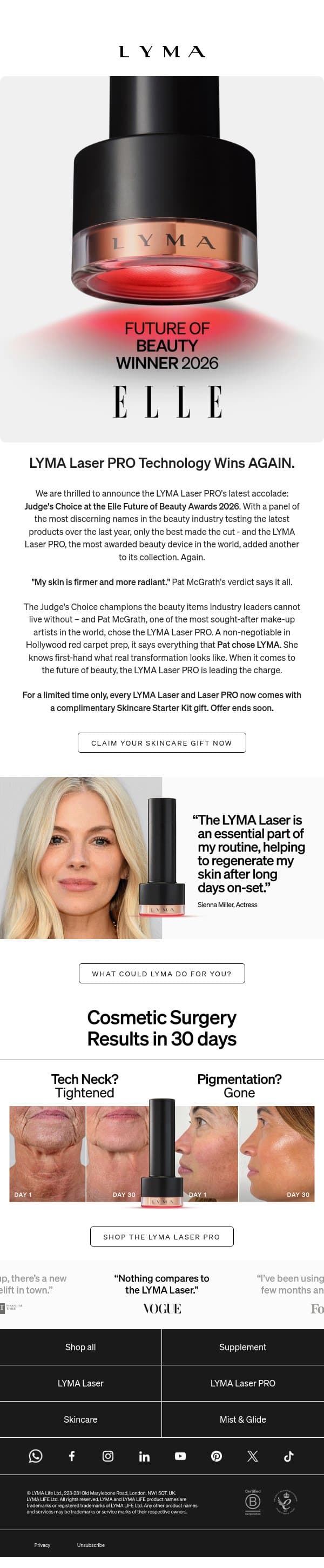 LYMA Wins At Elle Beauty Awards 2026 email from LYMA screenshot