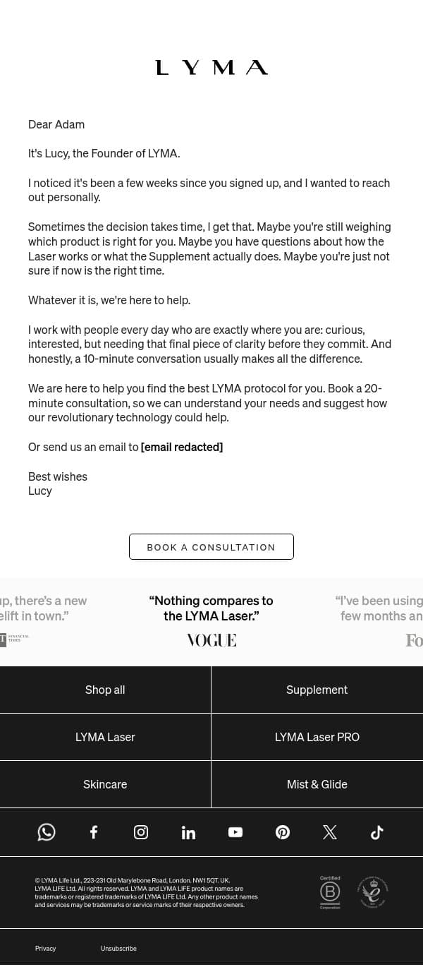Still thinking it over? Let's talk. email from LYMA screenshot