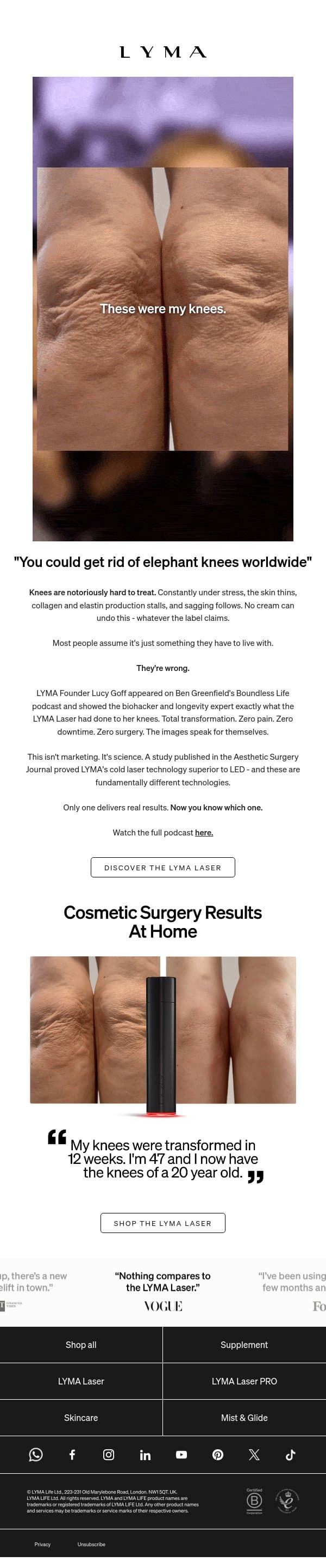 The Surgery-Free Knee-Lift email from LYMA screenshot