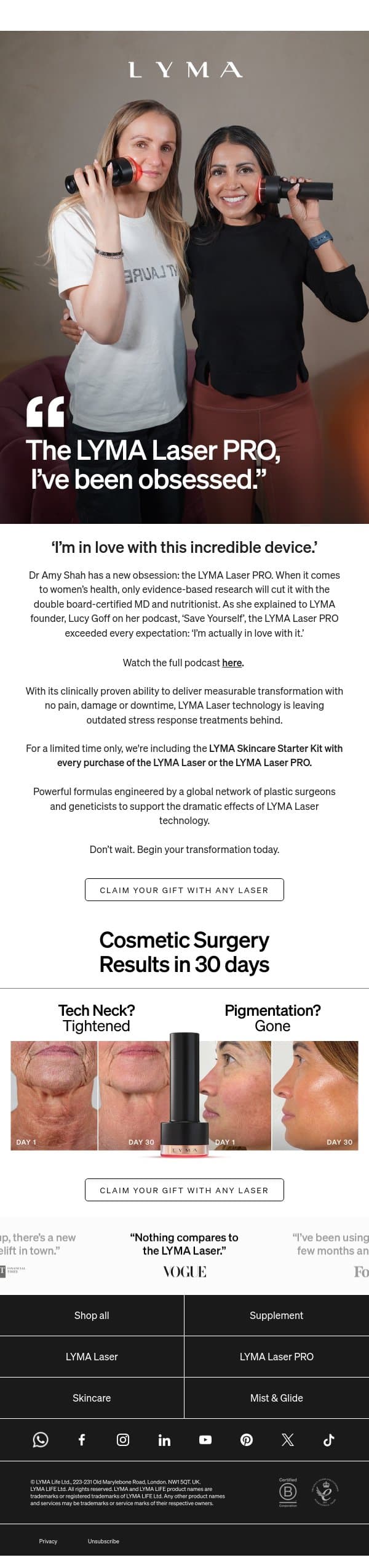 "It exceeded every expectation" Dr Amy Shah email from LYMA screenshot