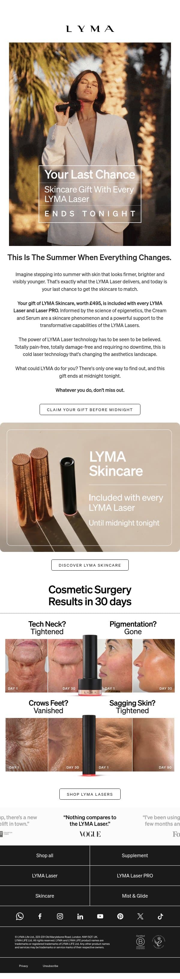 Don't Let Your Skin Age This Summer email from LYMA screenshot