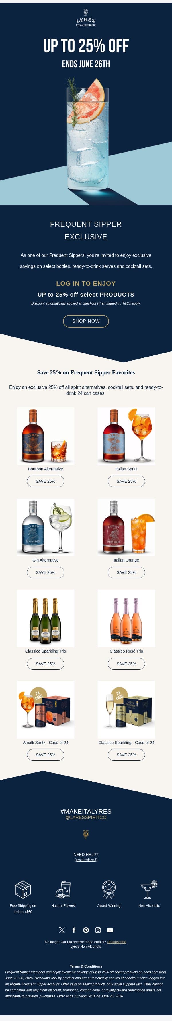 Up to 25% Off for Frequent Sippers 🥂 email from Lyre's screenshot