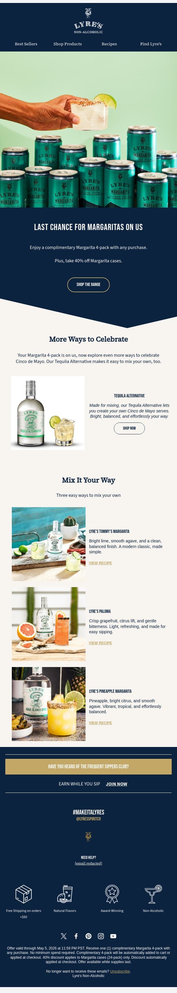 Last Chance: Free Margarita 4-Pack email from Lyre's screenshot