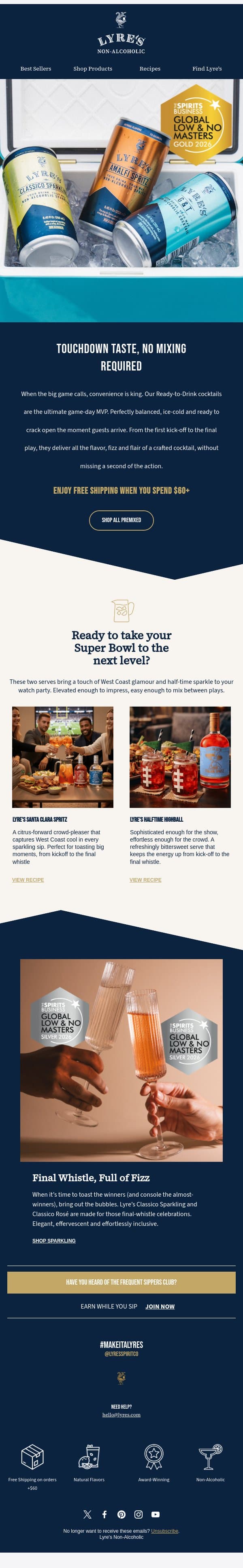Game On. Glass Up. Your Super Bowl Drinks Line-Up. email from Lyre's screenshot