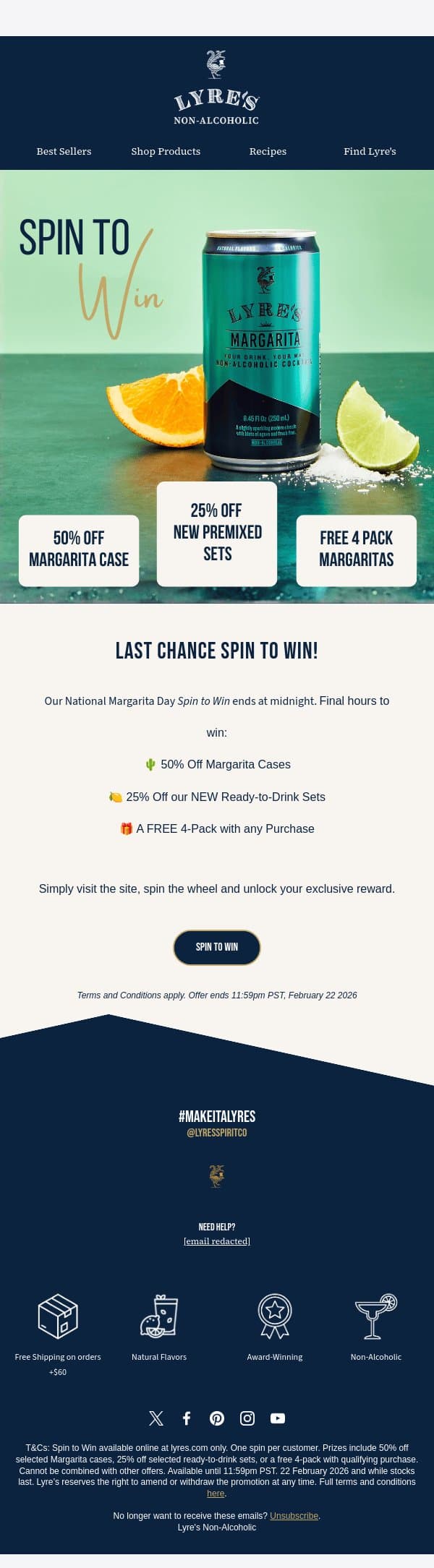 Spin to Win Last Chance | Celebrate Margarita Day email from Lyre's screenshot