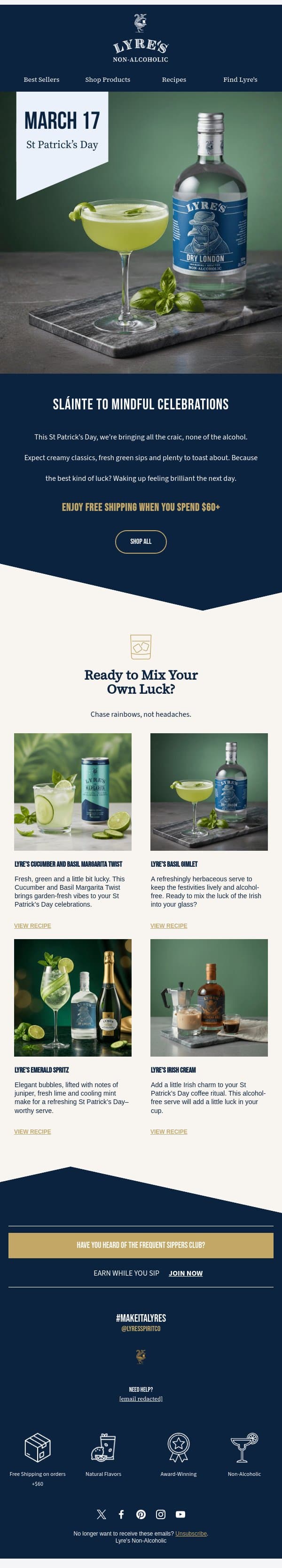 Luck of the Lyre’s 🍀 Celebrate St Patrick’s Day, Alcohol-Free email from Lyre's screenshot