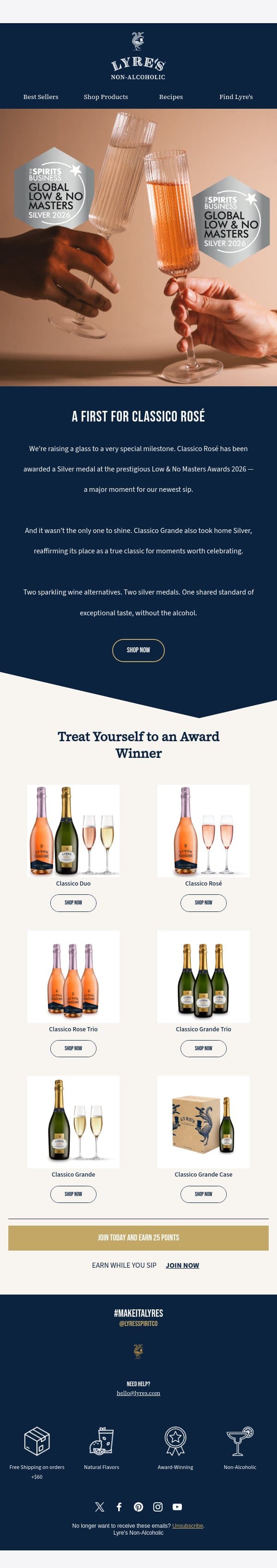 Coming Up Rosé: Our New Sip's First Award 🥈 email from Lyre's screenshot