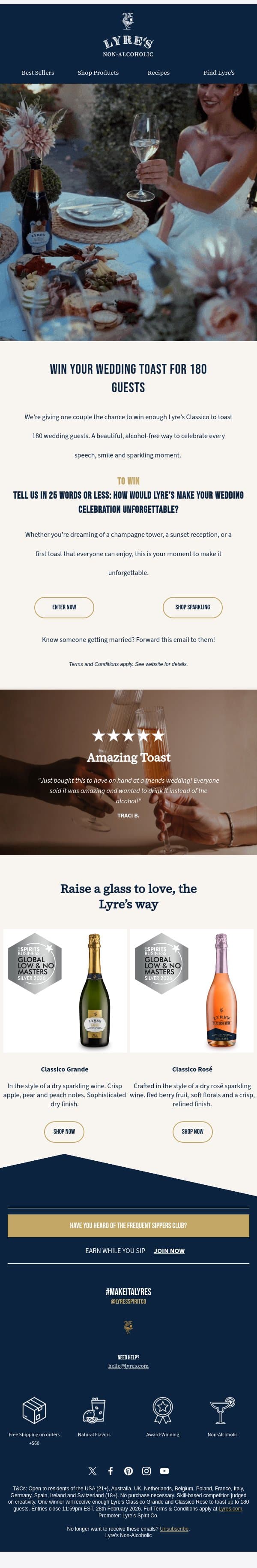 Win Your Wedding Toast for 180 Guests 🥂 email from Lyre's screenshot