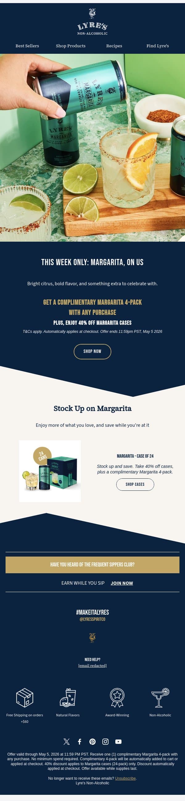 Free Margarita 4-Pack, On Us ✨ email from Lyre's screenshot