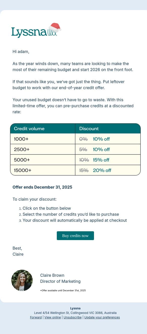 Unused budget? Set your team up for success in 2026 email from Lyssna screenshot