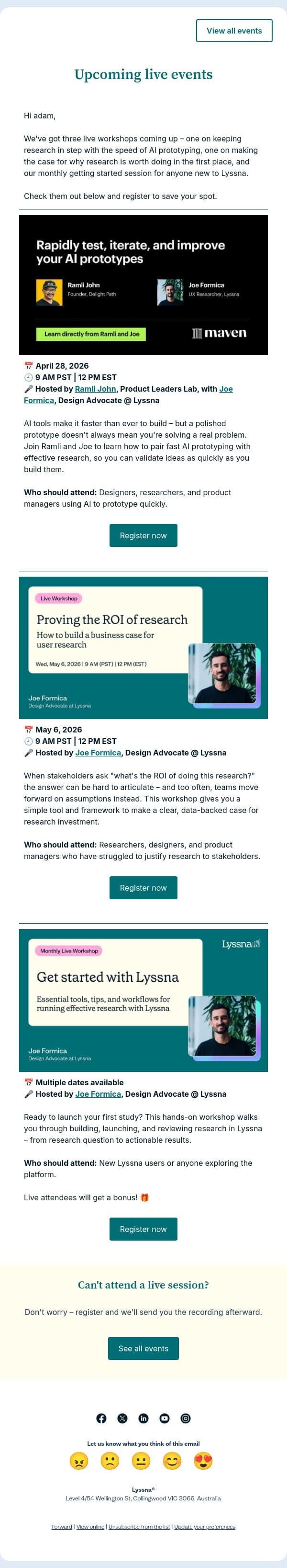 Live events: What's the ROI of doing this research? Learn how to answer that question email from Lyssna screenshot