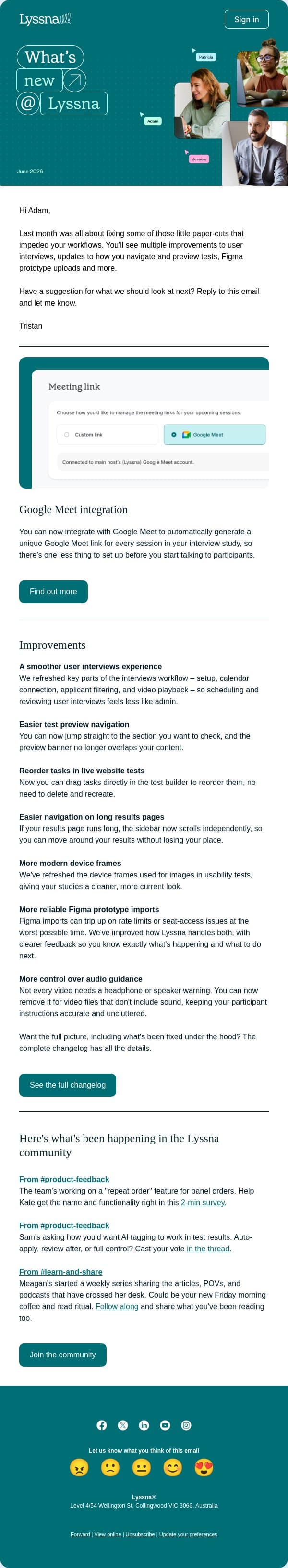 New in Lyssna: Google Meet integration, smoother interviews, and more email from Lyssna screenshot