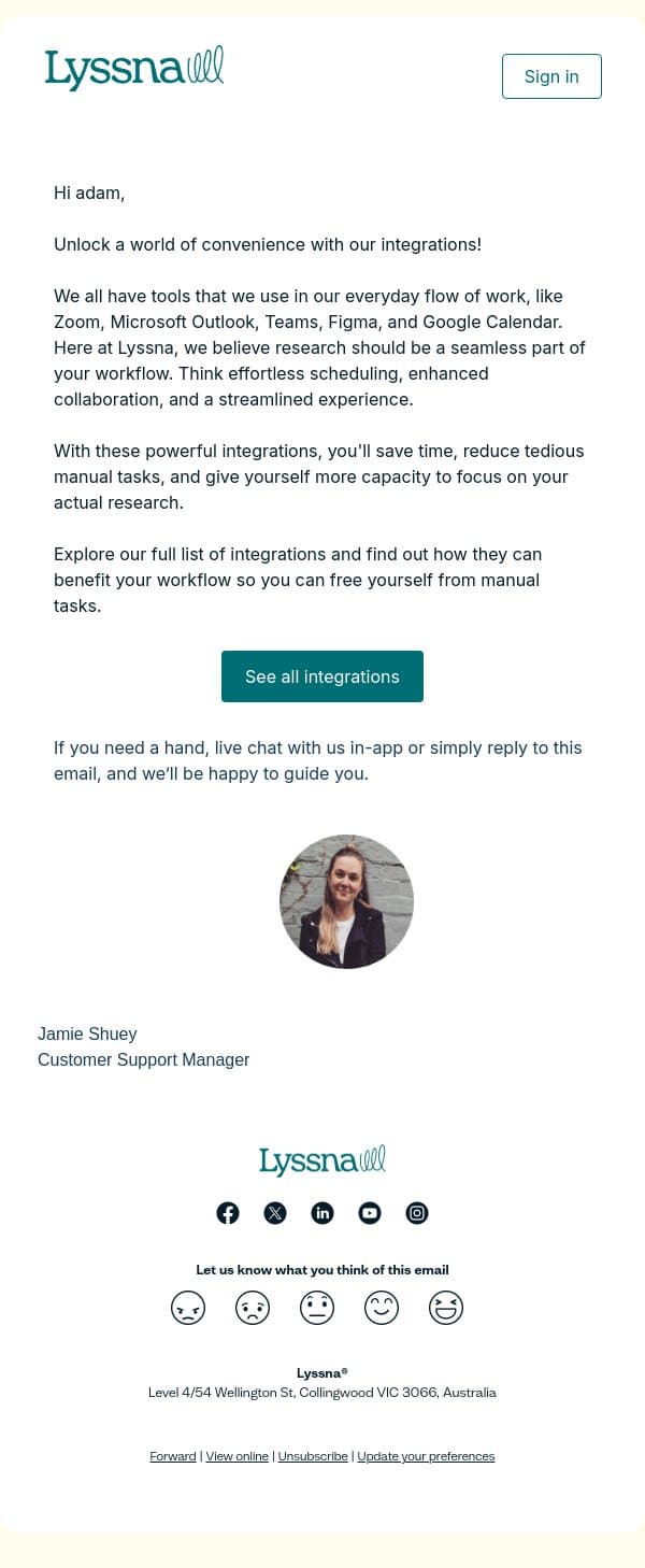 Increase your efficiency by integrating your research with the tools you use every day 🔌 email from Lyssna screenshot