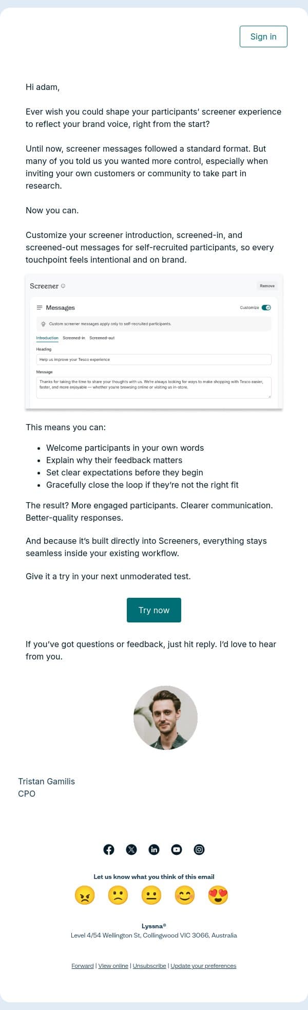 ✍️ Now live: Customizable screener messages email from Lyssna screenshot