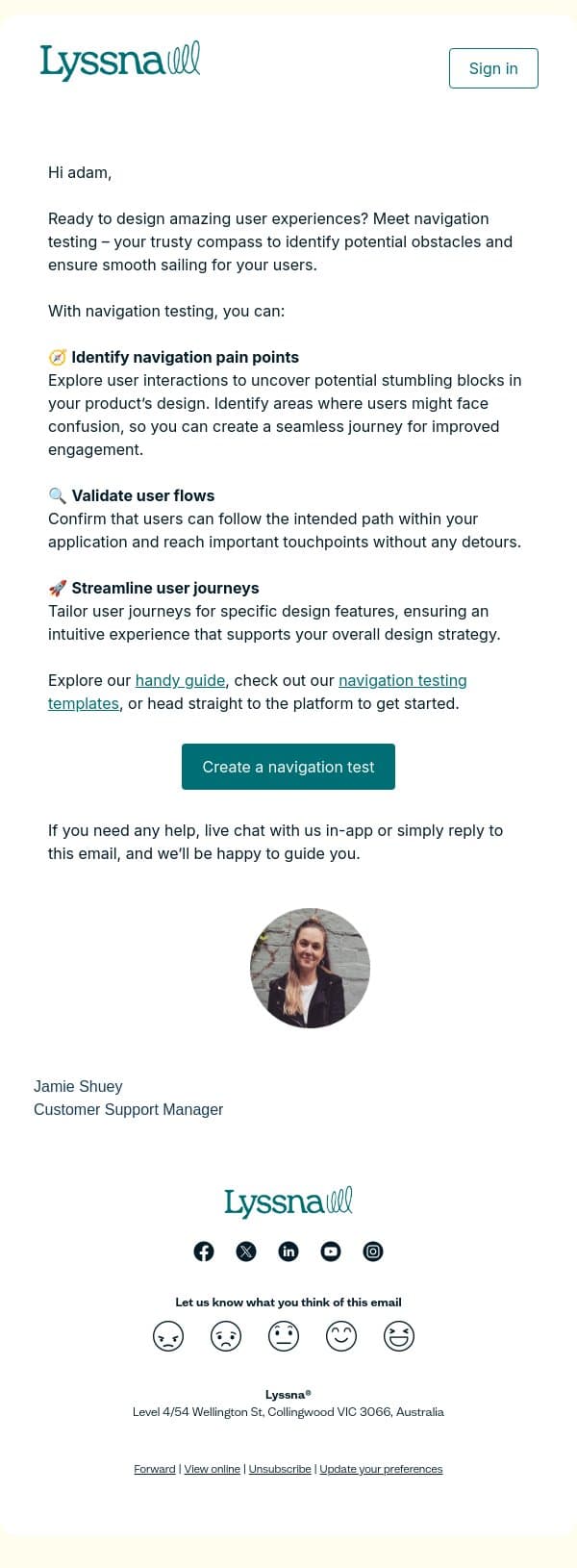 Chart a path to product success: Identify, validate, and streamline with navigation testing 🧭🚀 email from Lyssna screenshot
