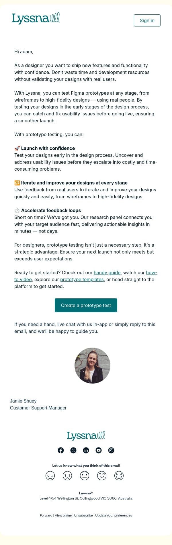 Ship with confidence: Test with real users before you launch 🚀 email from Lyssna screenshot