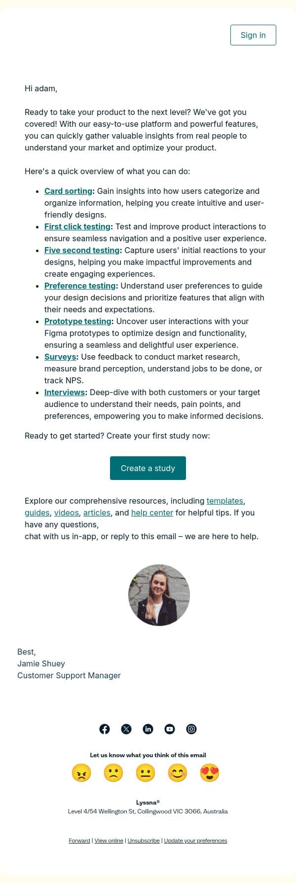 Optimize your product and experience with Lyssna's powerful research features! email from Lyssna screenshot