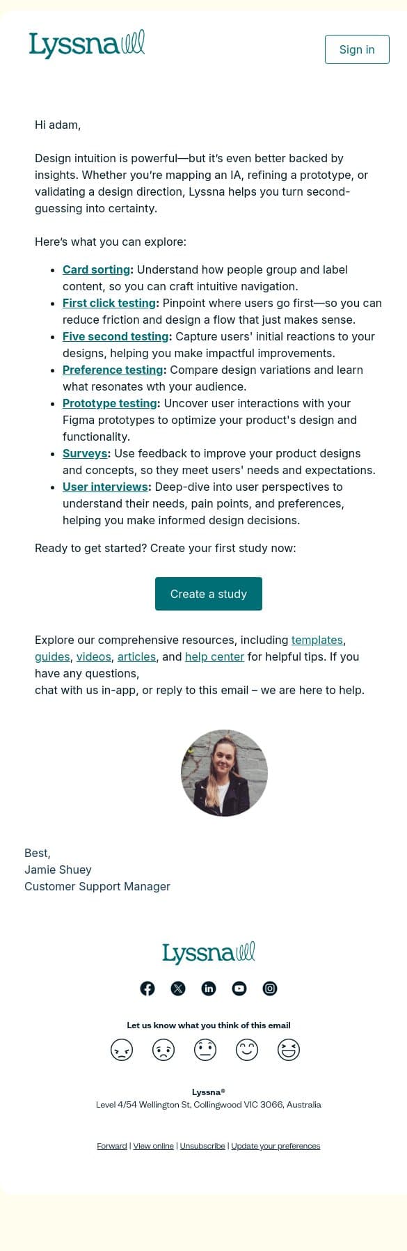 Optimize your designs with Lyssna’s powerful research features! email from Lyssna screenshot