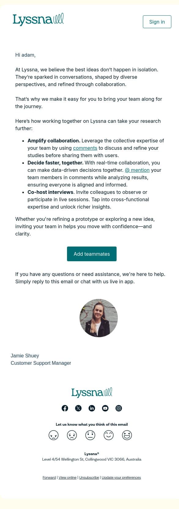 Bring your whole team into the research process 🤝 email from Lyssna screenshot