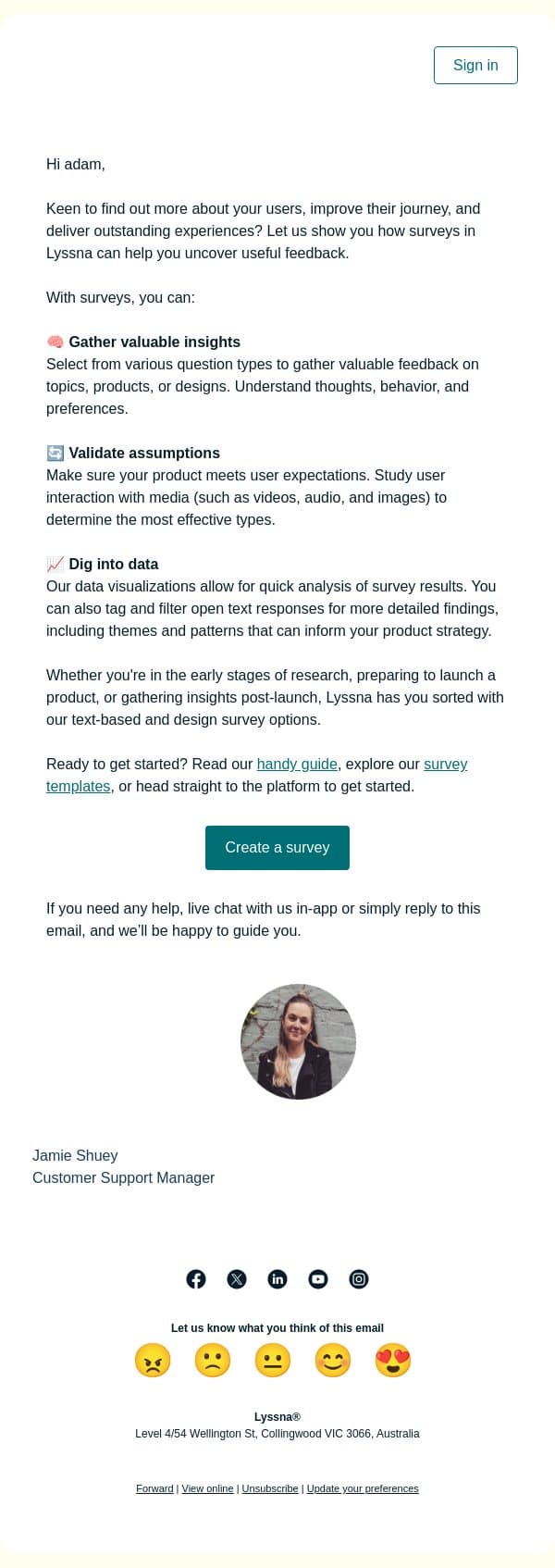 Unlock design insights: Enhance your research with Lyssna’s versatile surveys! 📊🚀 email from Lyssna screenshot