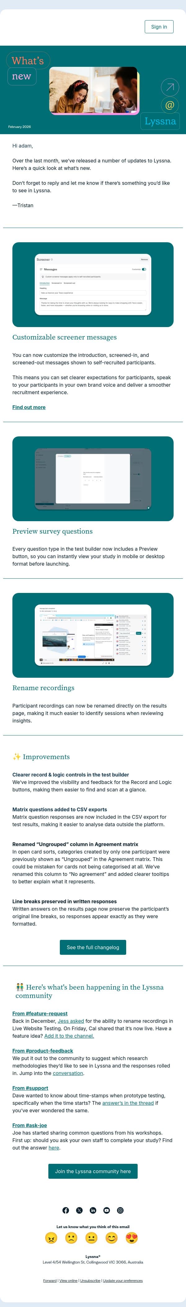 🛠️ Product updates: Customizable screener messages, preview survey questions, rename recordings and more email from Lyssna screenshot