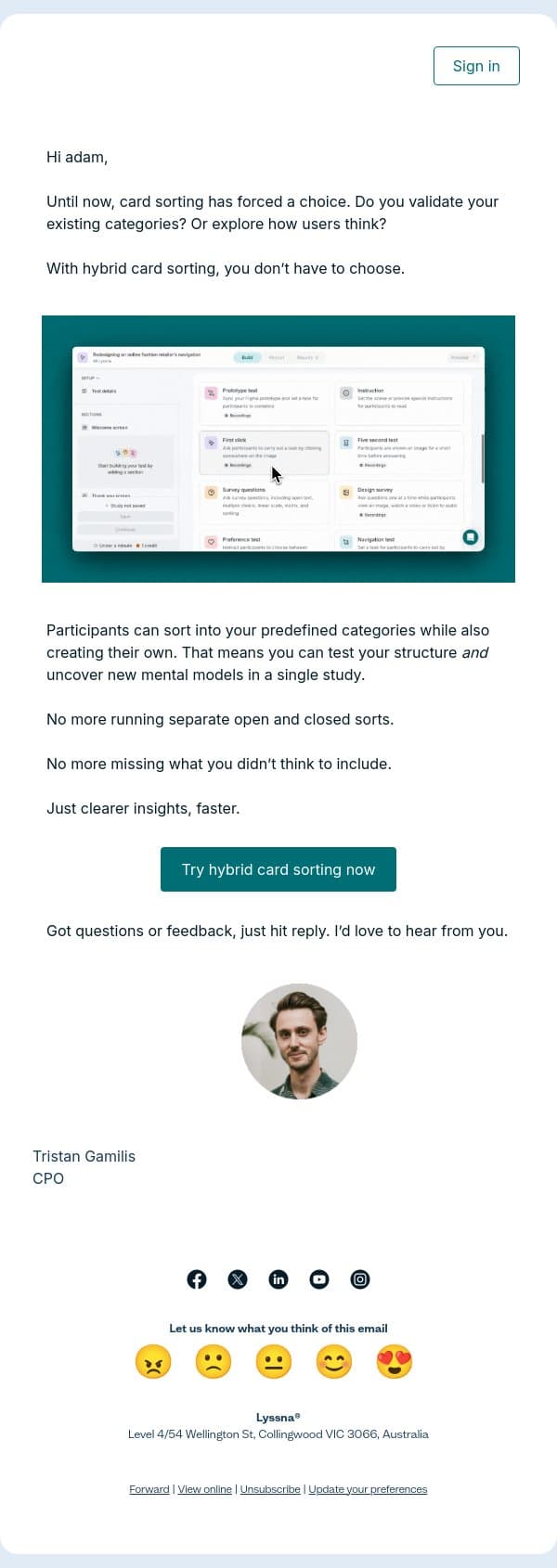 Introducing hybrid card sorting email from Lyssna screenshot