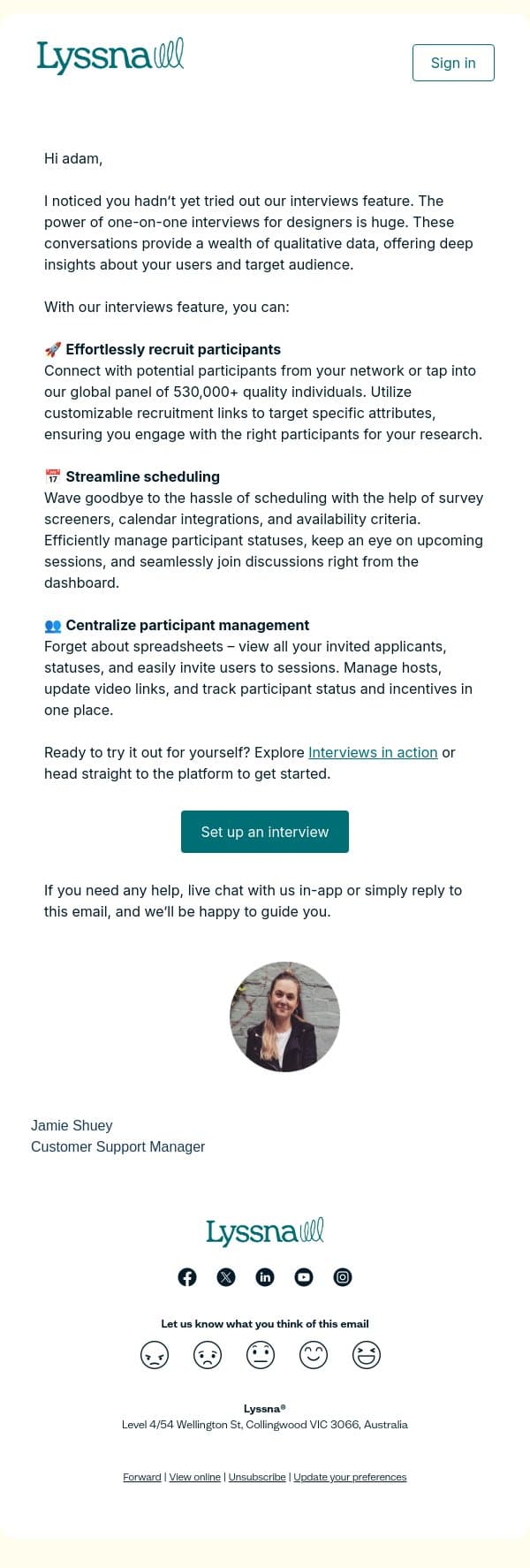 Simplify your design research: Uncover deep insights effortlessly with Interviews email from Lyssna screenshot