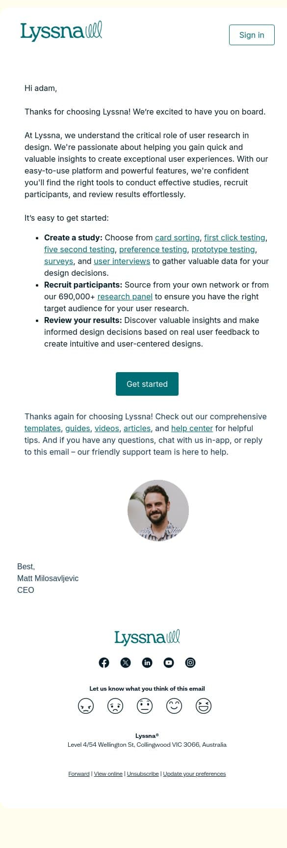 Welcome to Lyssna! email from Lyssna screenshot