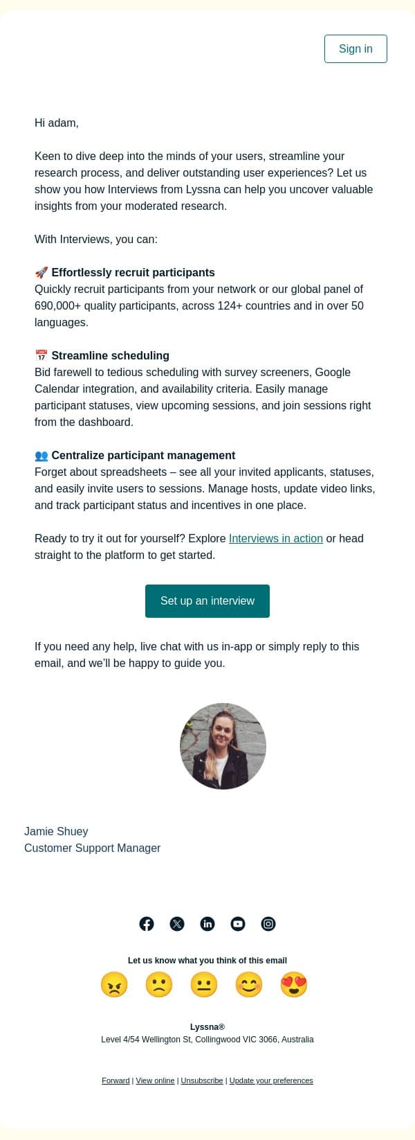 Meet users with ease: Interviews from Lyssna simplifies your moderated research journey email from Lyssna screenshot