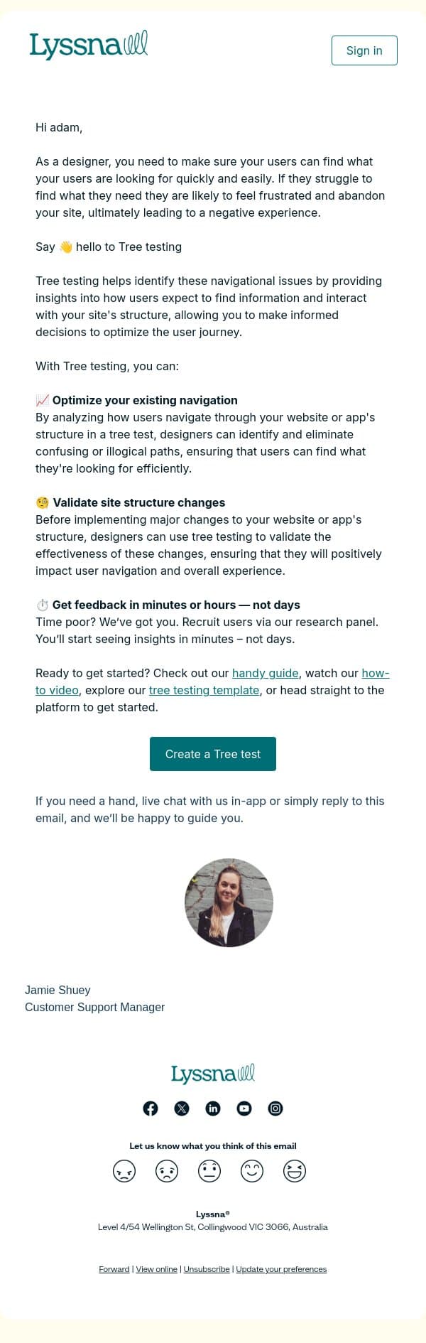 Boost conversions and reduce frustration with Tree Testing 🌳 email from Lyssna screenshot